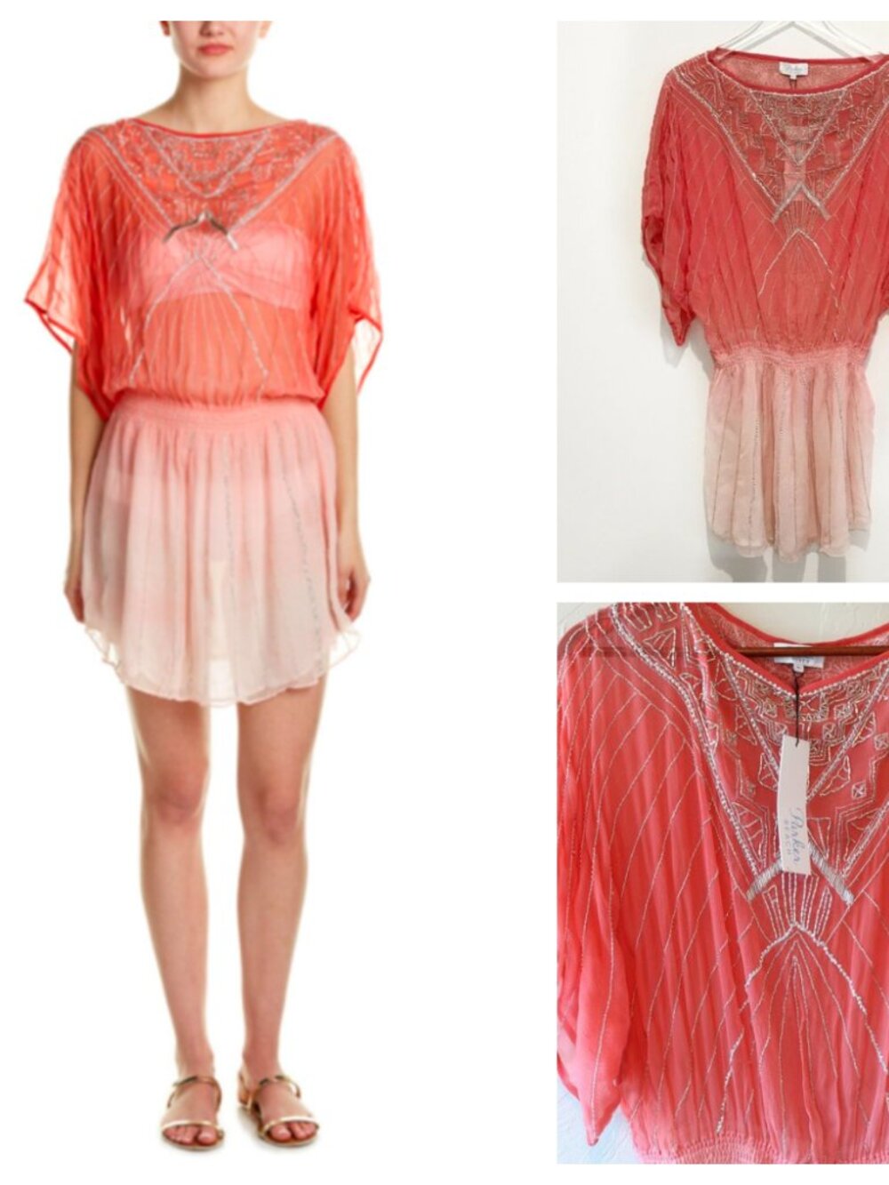 Parker Beach Sunset Silver Bead Swim Cover Up Ombre Coral Pink Medium Large NWT